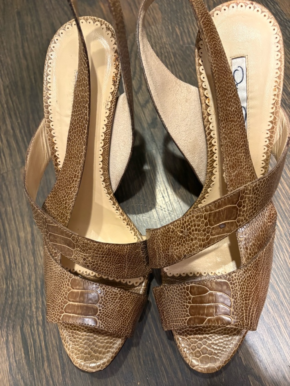 Oscar de la Renta Brown Croc-Embossed Leather Slingback Heels